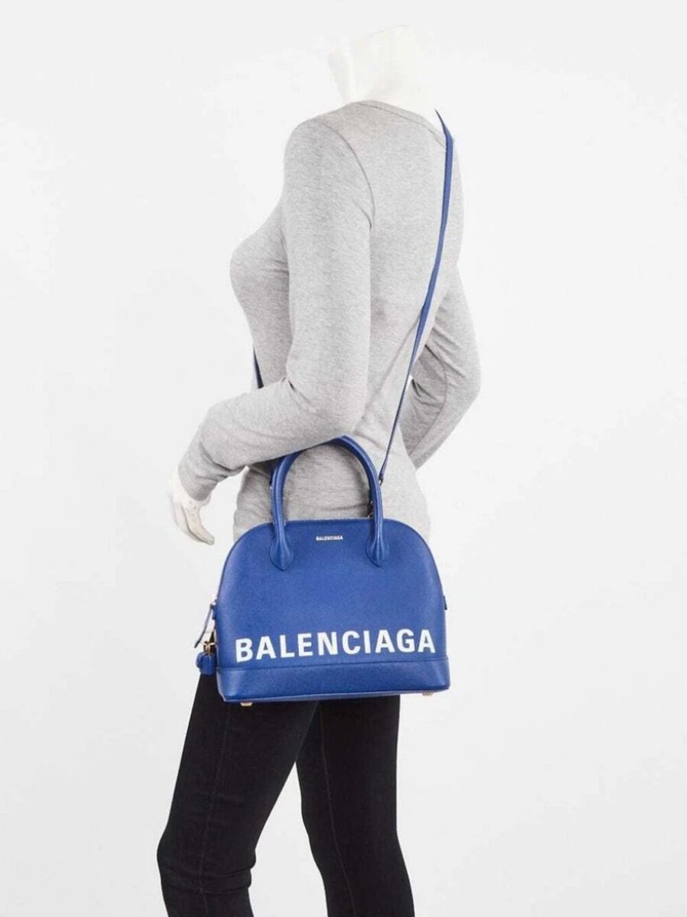 Balenciaga Blue Stamped Calfskin Leather Small Ville Satchel Bag - Picture 2 of 12
